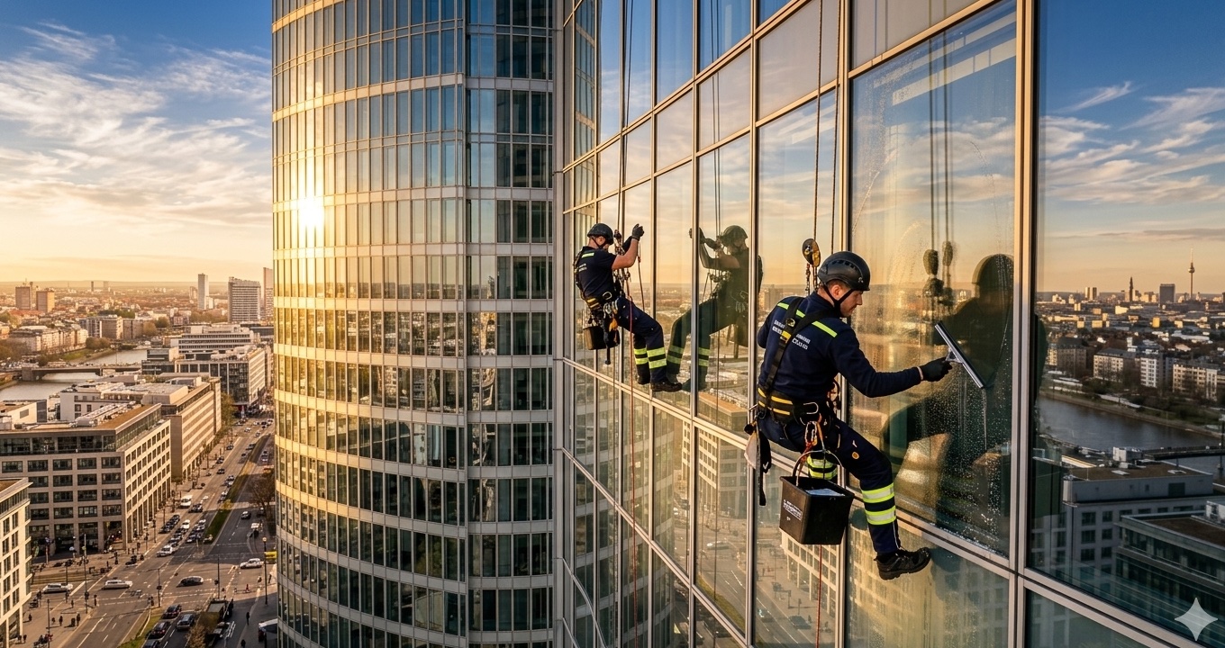 Professionelle Fensterreinigung an einem Hochhaus in Berlin